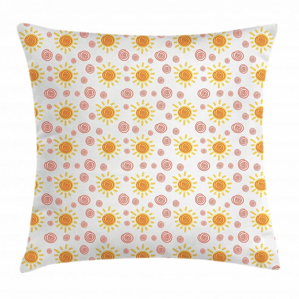 Sun Throw Pillow Cushion Cover, Repeating Sun Motifs with Handdrawn Swirls and Rays Kids