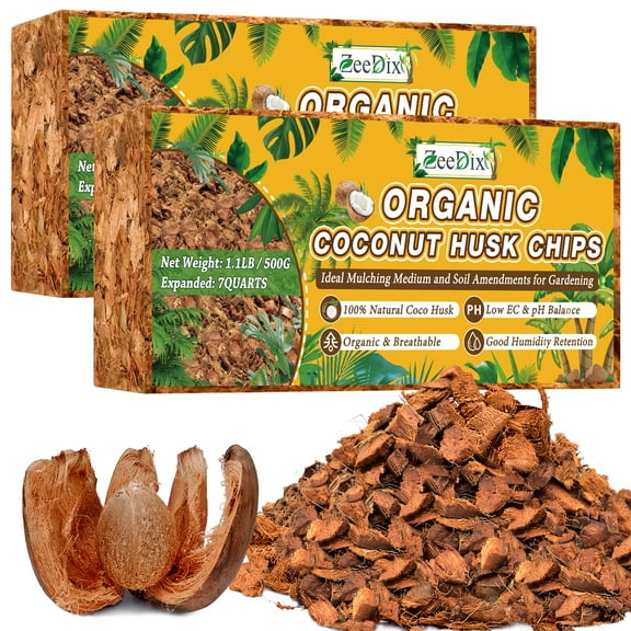 ZeeDix 2 Pcs Coco Coir Chips, Coco Chips Bricks Growing Medium for Plants, Low EC, pH Balanced, 100% Organic Compressed Coconut Fiber Husk Substrate for Plants, Flowers and Herbs (1.1LB/Pcs)