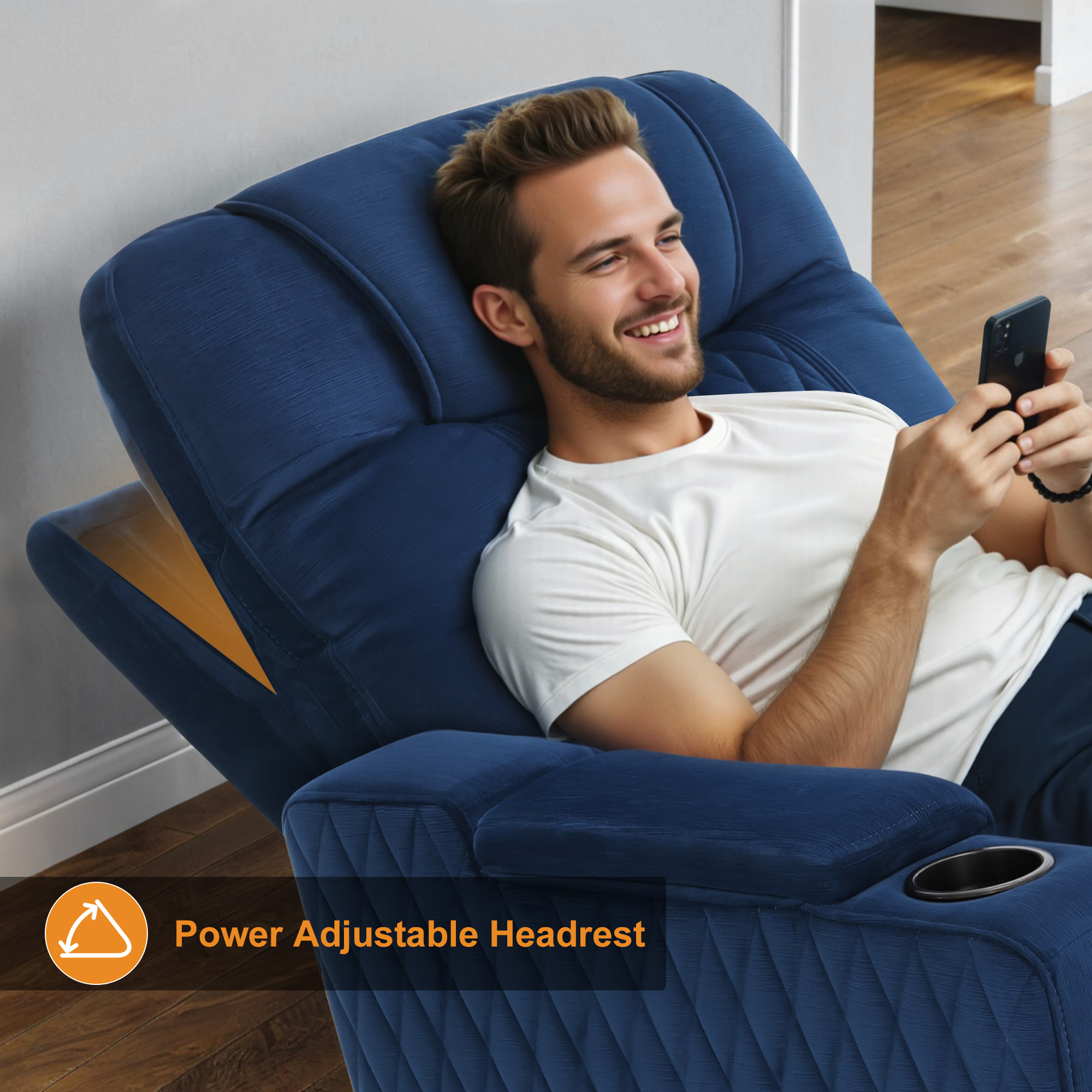 MCombo Power Recliner Chair with Power Headrest, LED Light, Armrest Storage for Living Room & Home Theater, Velvet, Blue