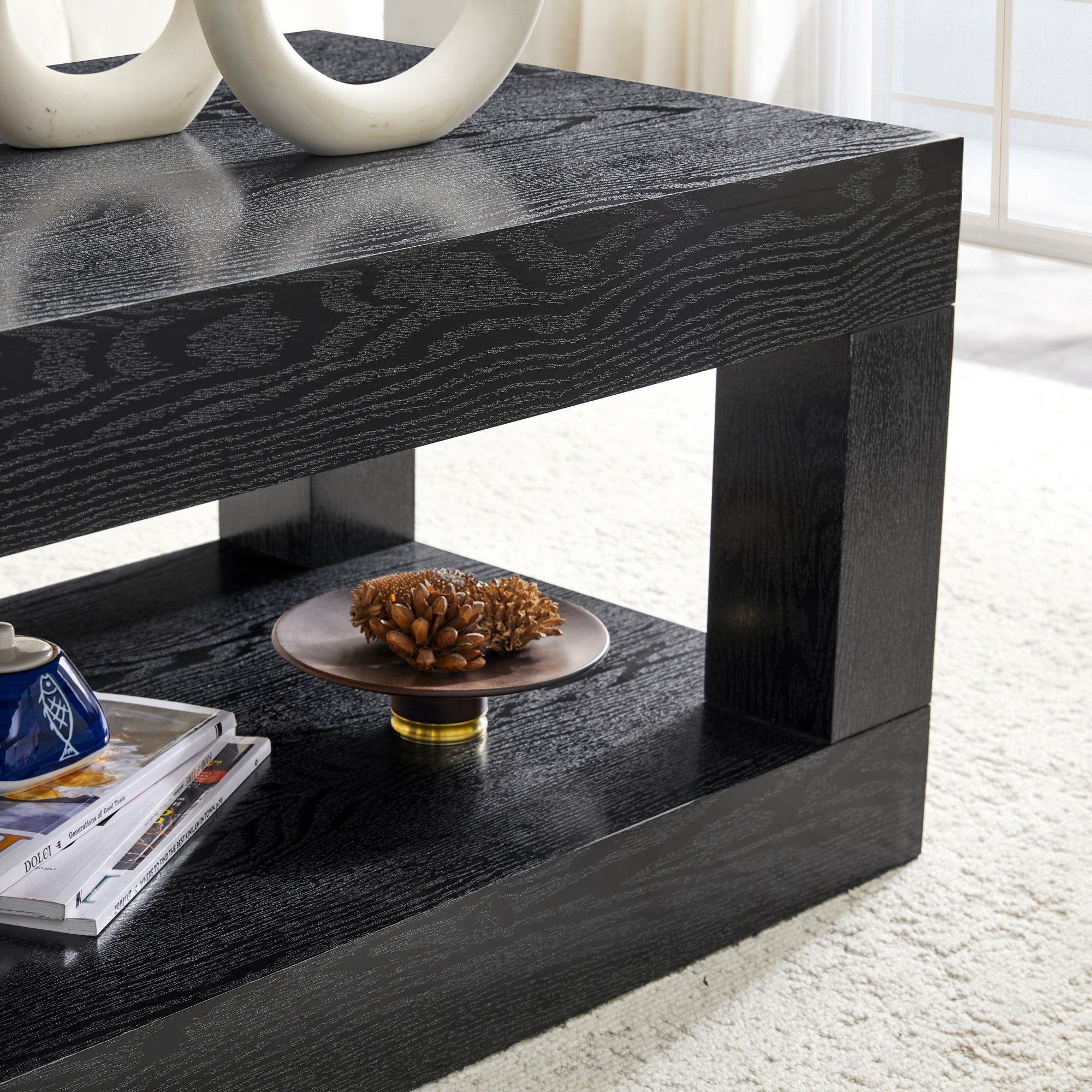 Alvantor 40-Inch Black 2-Tier Coffee Table with Open Shelf