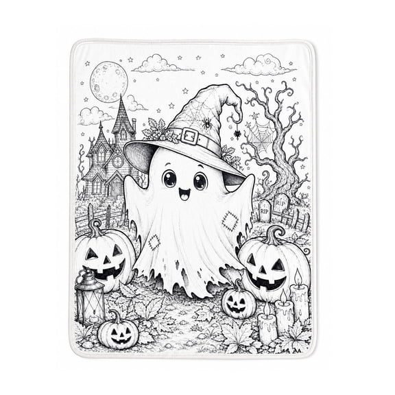 ZhangC Halloween DIY Coloring Throw Blanket with 24 Markers, 50x60 Inch Spooky Ghost Pumpkin Art Activity Blanket, Creative Decor for Home and Holiday Gatherings