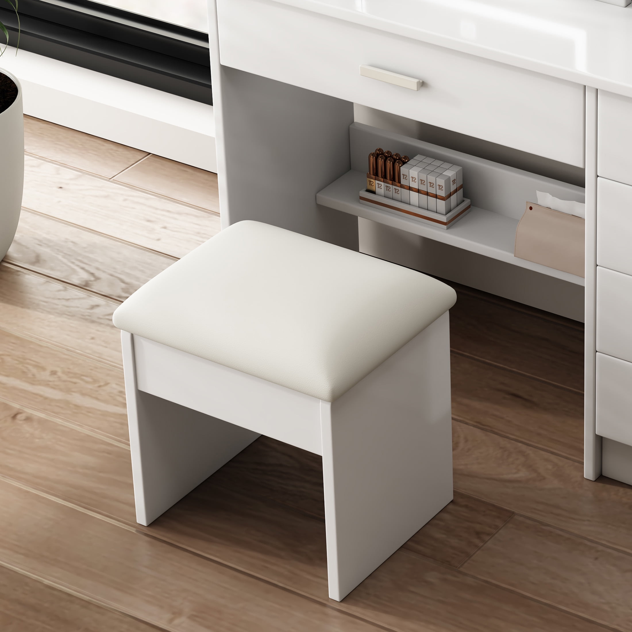 Aukfa Makeup Vanity Set with Mirror & Open Shelves, LED Vanity Desk, White