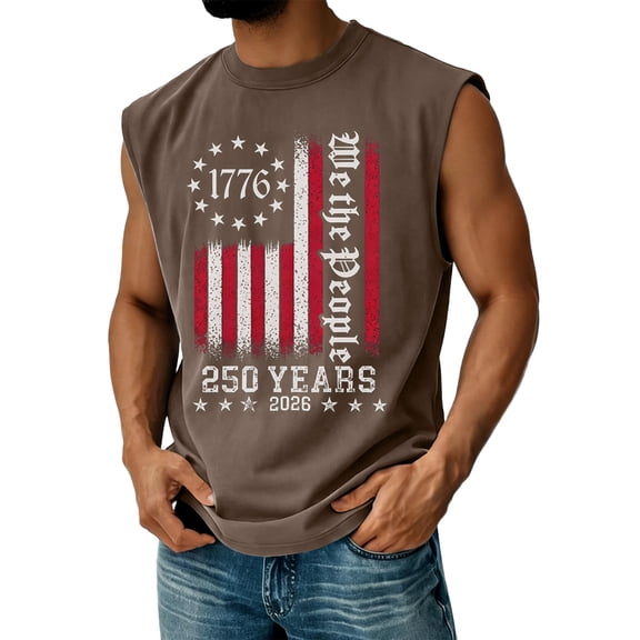 American Flag Shirt for Men 4th Of July USA Muscle Sleeveless Tank Tops 250th Anniversary Independence Day Patriotic T Shirts We the People Round Neck Cut Off Shirts,Brown XL