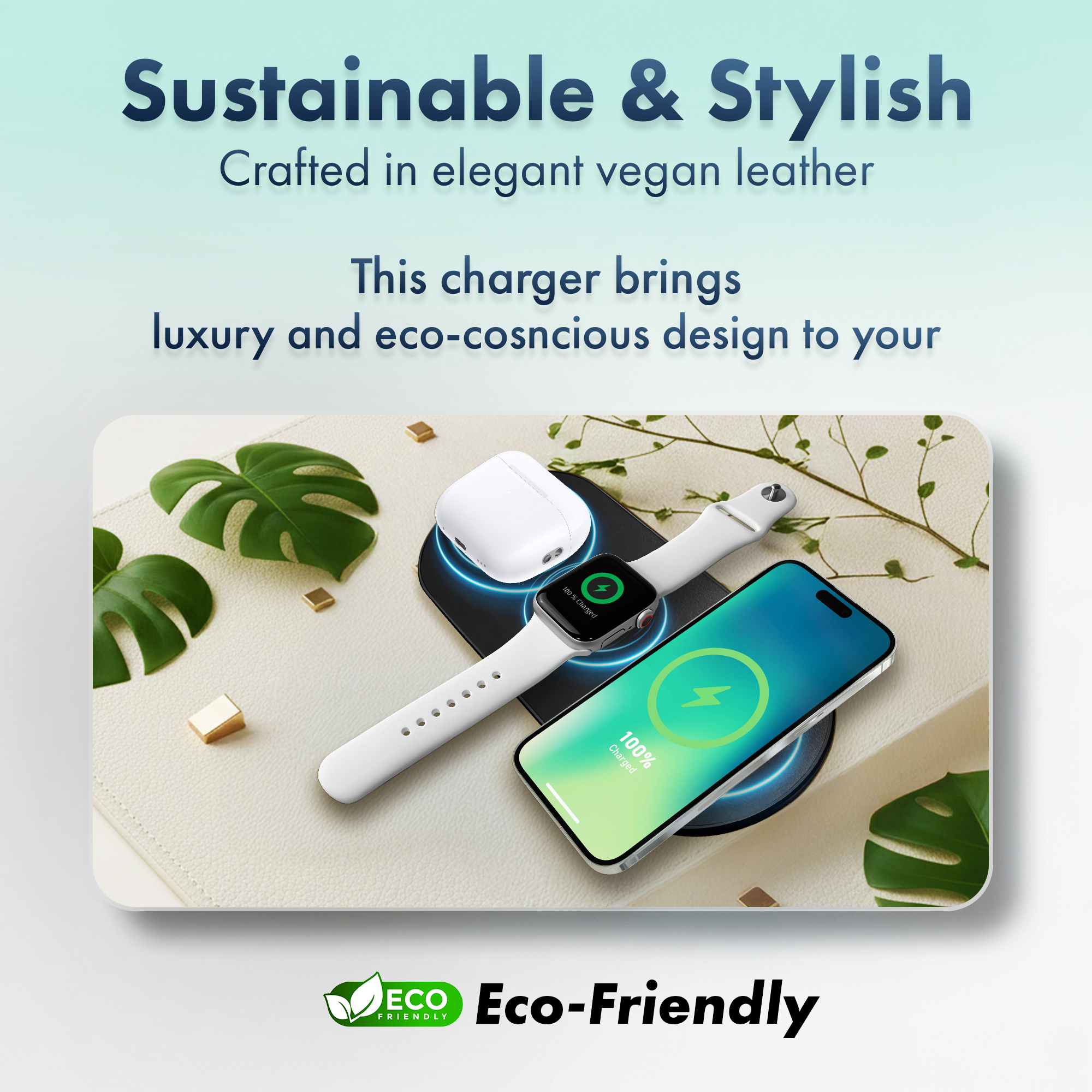 MVMT 15W Wireless Charging Pad Premium Vegan Leather 3-in-1 Fast Charger for Phone, AirPods & Apple Watch