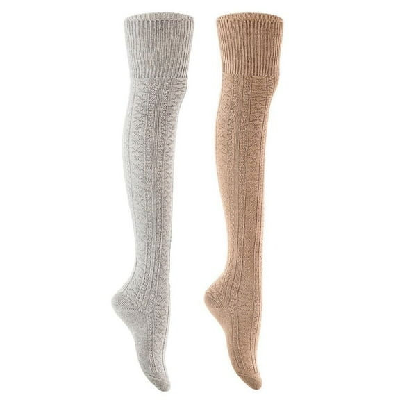Lian Style Women's 2 Pairs Long Lasting, Colorful and Fancy Thigh High Over the Knee High Cotton Socks JMYP1025 Size 6-9 Grey, Beige