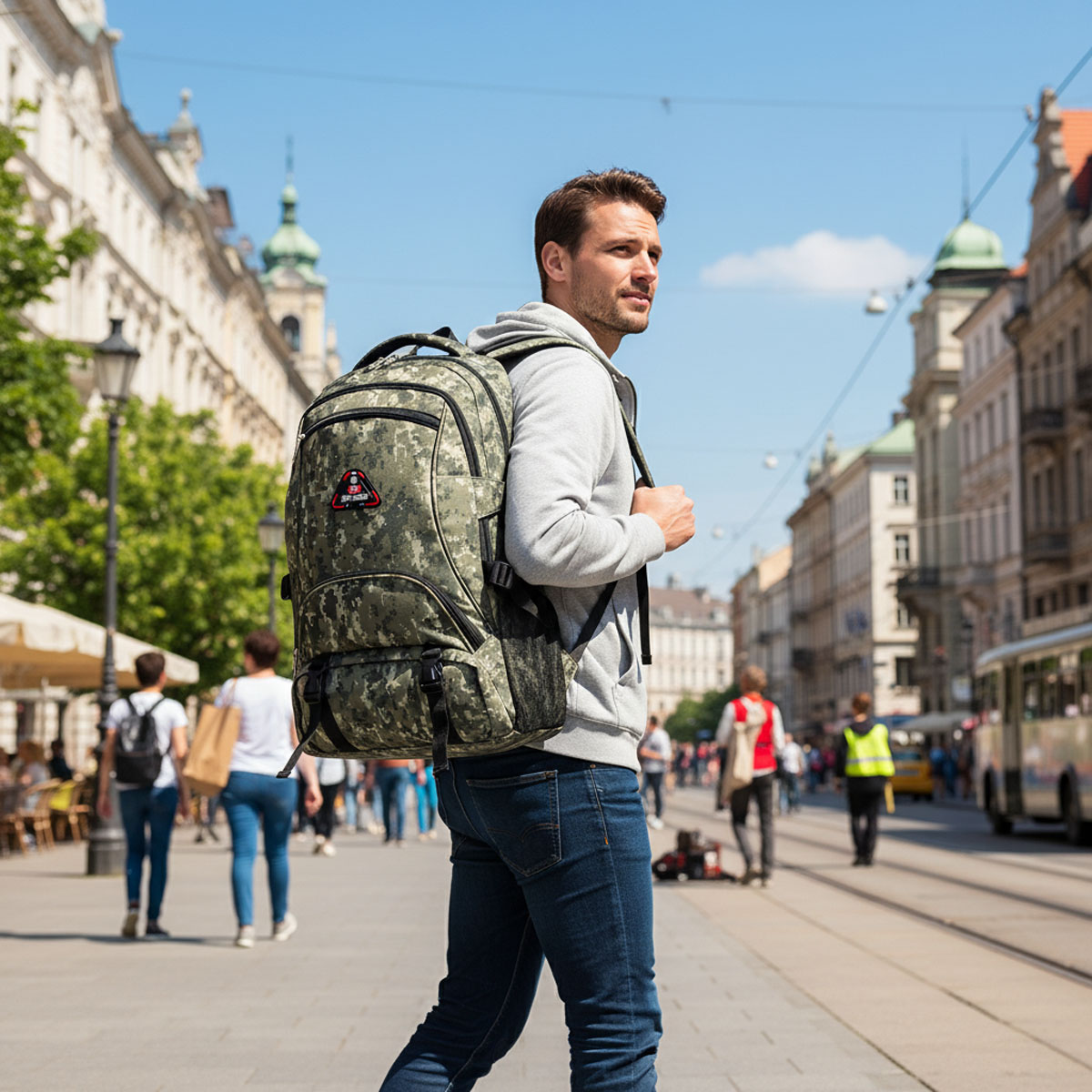 New York Xpress Camo Backpack for Adults 40L Multi-Pocket Backpack for Travel Work Hiking, Light Khaki - BP8023