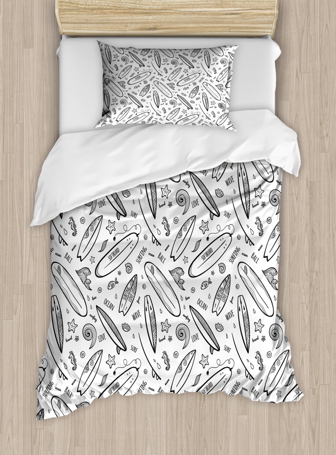 Surfboard Duvet Cover Set Twin Size, Monochrome Coastal Pattern Water