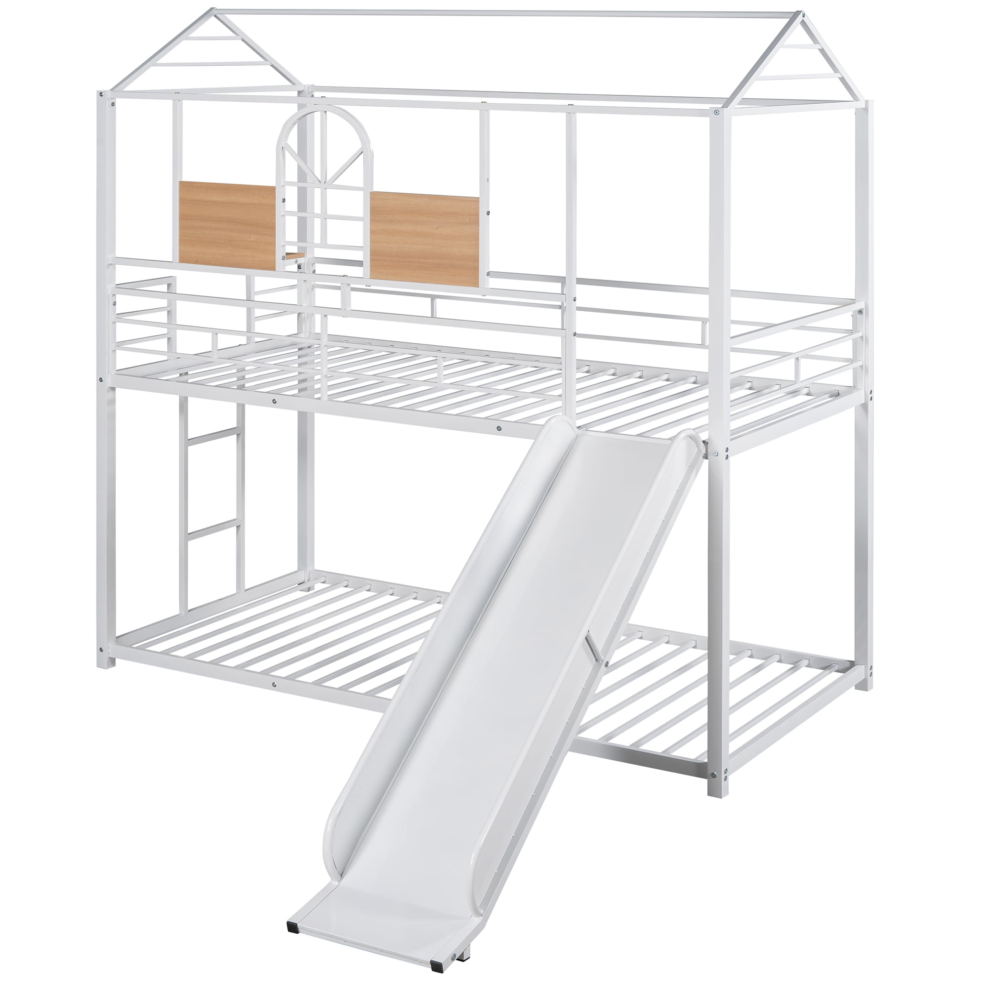 Aukfa Twin over Twin Bunk Bed with Slide, Metal House Bunk Bed for Kids Teens - White