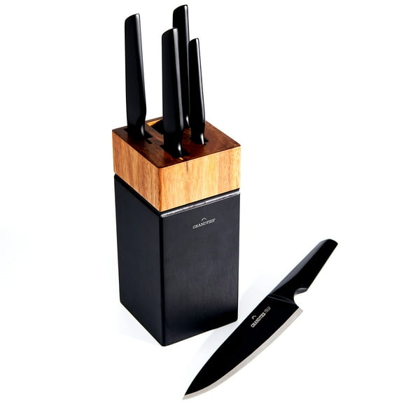 GRANDTIES Ensemble de Couteaux de Cuisine Antiadhésifs Noirs 7 Pcs avec Bloc en Bois et Aiguiseur, Acier Inoxydable Allemand à Haute Teneur en Carbone, Ensemble de Couteaux de Chef Ultra Tranchants Forgés, Apa