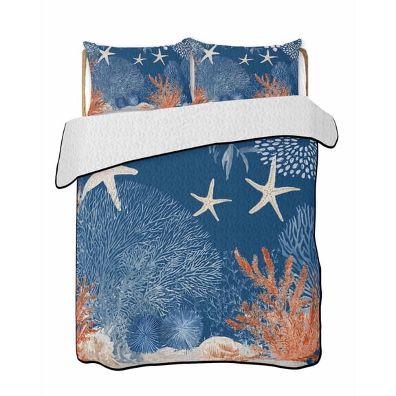 Quilts King Size Bedding Set, Orange Navy Blue Coral Lightweight Quilted Comforter, Summer Beach Coastal Ocean Starfish Reversible Bedspread Coverlet with Pillow Covers for All Season, 96" x 106"