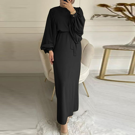 Ayolanni Puff Womens Summer Dresses Black Long Sleeve Solid Maxi Dresses Church Dresses for Ladies L