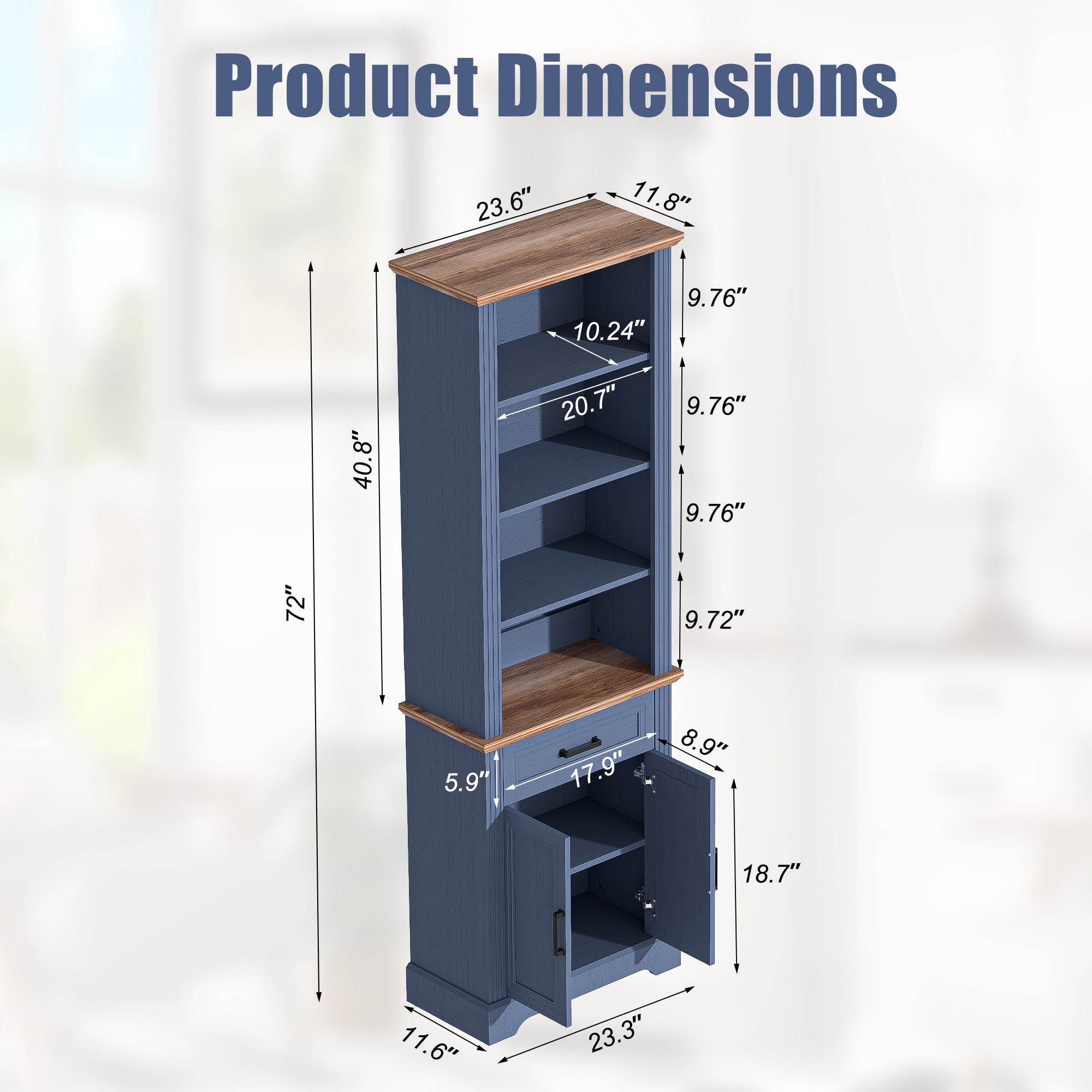 HARIPUL 72" Tall Bookcase Floor Standing with Drawer and Door, 6 Tier Wooden Storage Bookshelf for Living Room Home Office, Vintage Blue