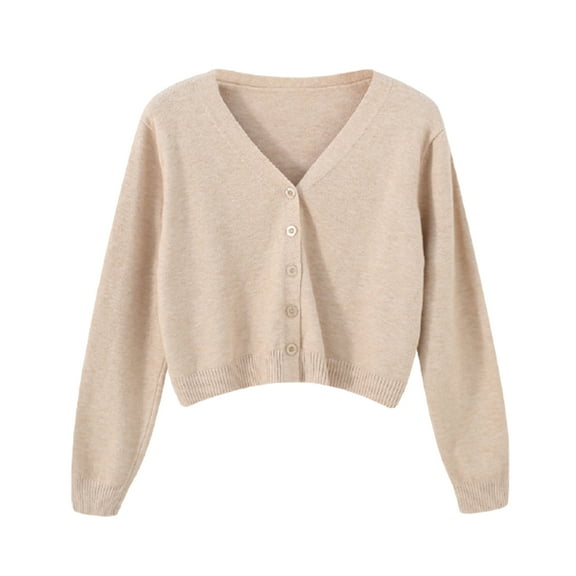 Women Solid Color Long Sleeve V Neck Cardigan Sweater Buttons Short Knitwear