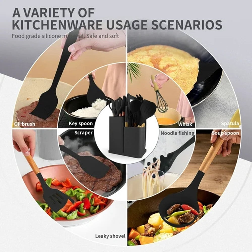 TEAFIRST Silicone Kitchen Cooking Utensils Set, 19 Pieces Utensil with Holder, Heat Resistant, Black