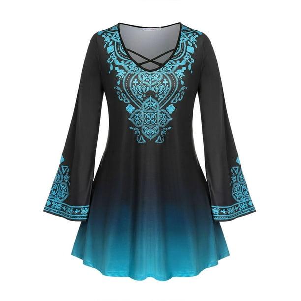 Tallas grandes Impresión Retro Bell Sleeve Criss Cross Tee Rosegal Mangas largas de talla grande