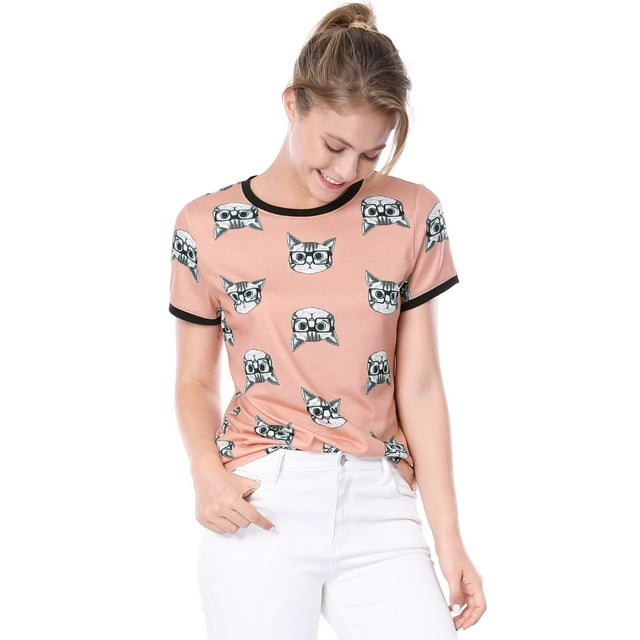 INSPIRE CHIC Women's Short Sleeve Contrast Cartoon Cat Pet Print Tee Ringer T-shirt Tops