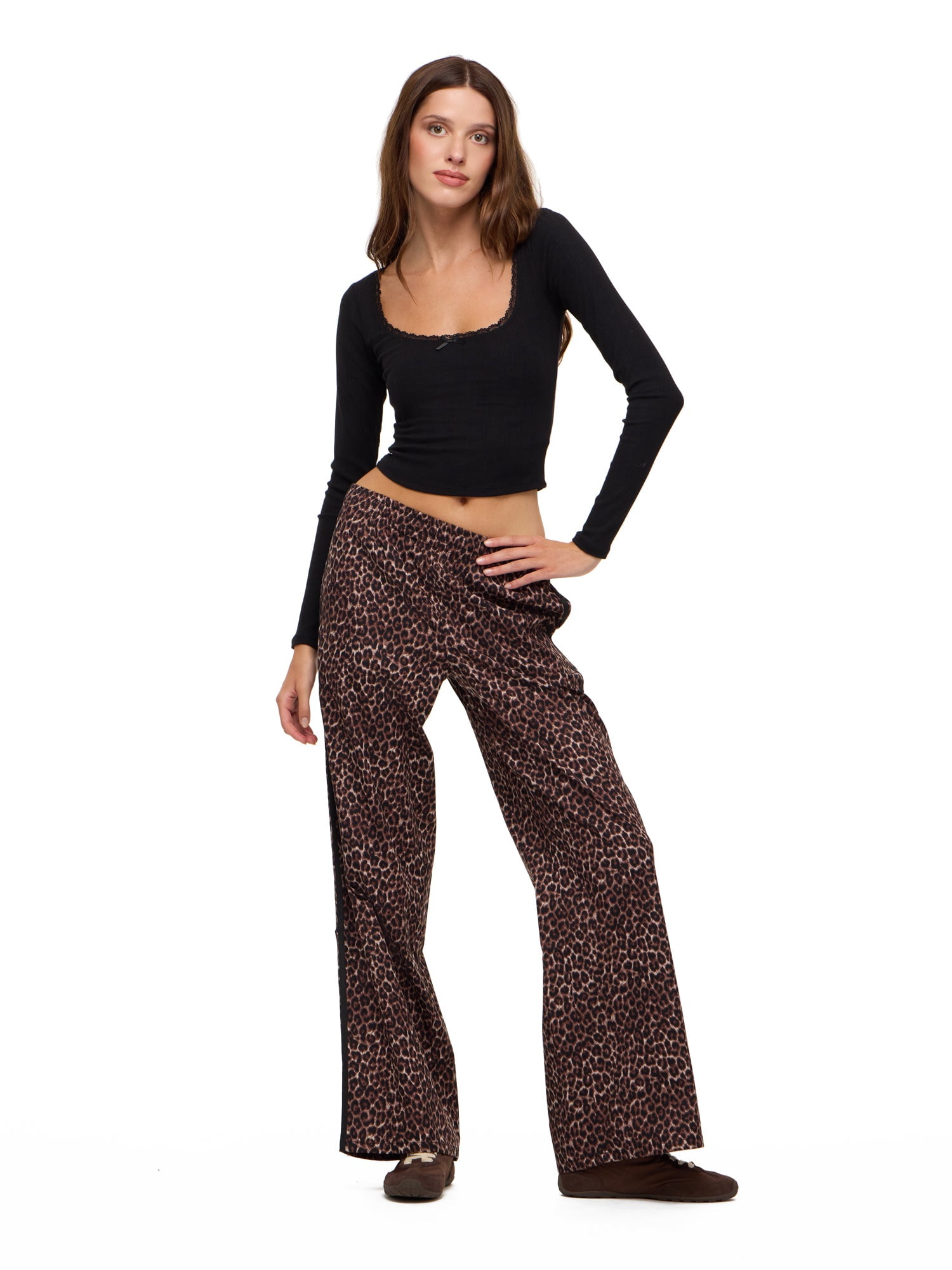 Forever 21 Women's Wide Leg Track Pants with Side Stripes, 100% Polyester Casual Athletic Lounge Pants, Leopard, XXS-XXL