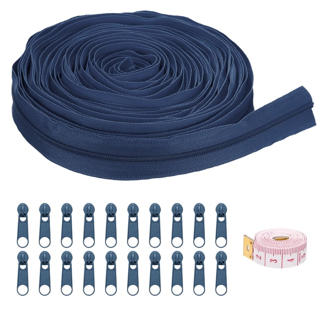 Uxcell #3 10 Yards Bulk Nylon Coil Zipper by the Yards with 20 Pcs Zipper Sliders and Ruler for Sewing Dark Blue