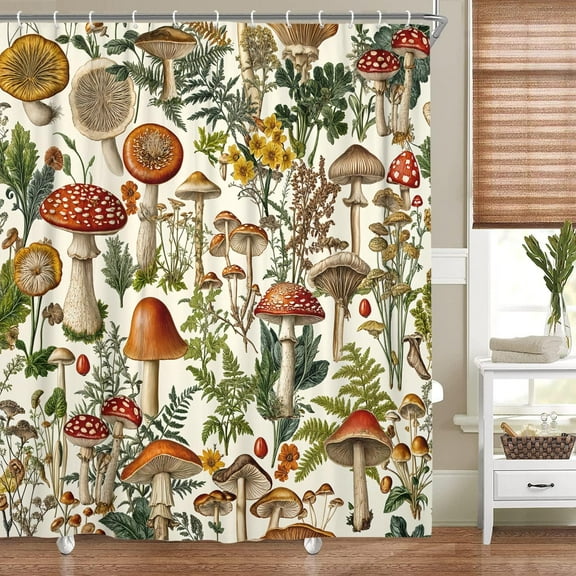 Vintage Boho Mushroom Cottagecore Shower Curtain, Botanical Floral Nature, Magical Plant, Farmhouse Bathroom Accessory, 60x72in