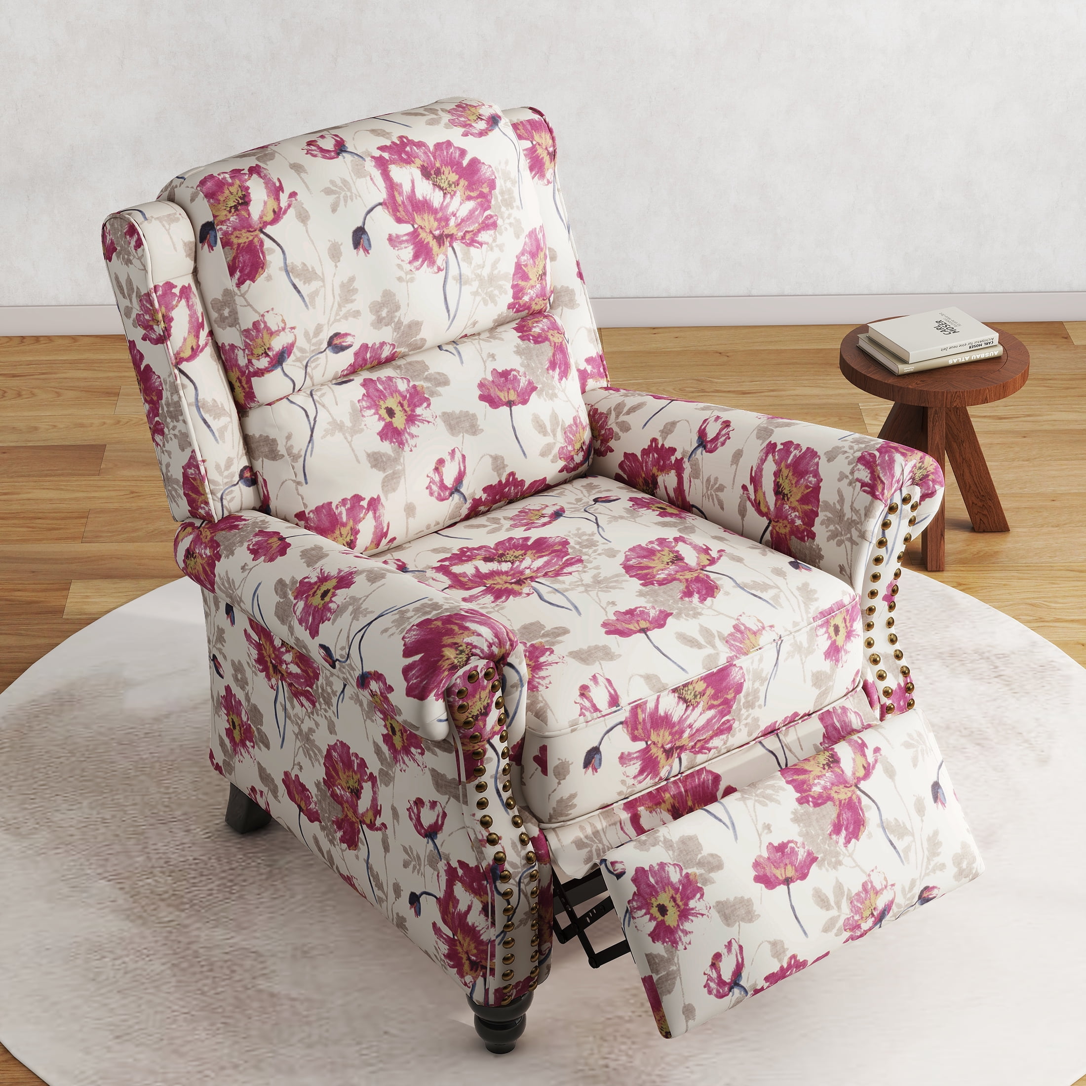 Manual Wingback Recliner Chair Upholstered Pushback Armchair Home Theater Single Sofa with Trim Wood Legs for Living Room, Flower