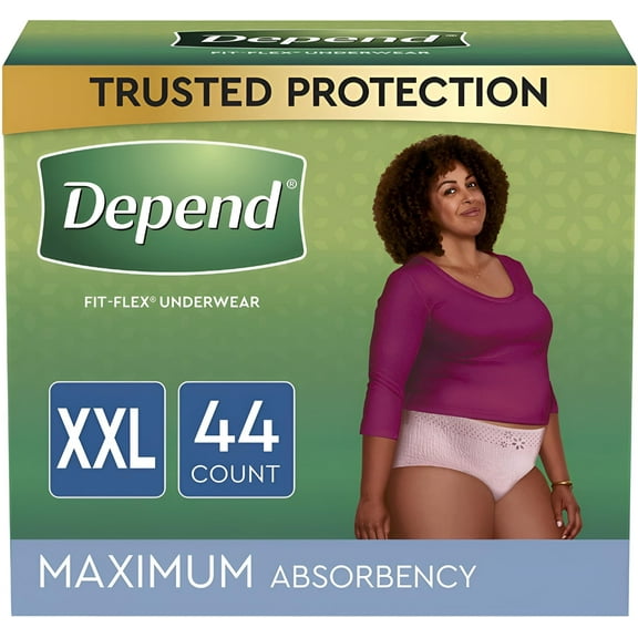 Depend FIT-FLEX Incontinence Underwear For Women, Disposable, Maximum Absorbency, XXL, Blush, 44 Count (2 Packs of 22) (Packaging May Vary)