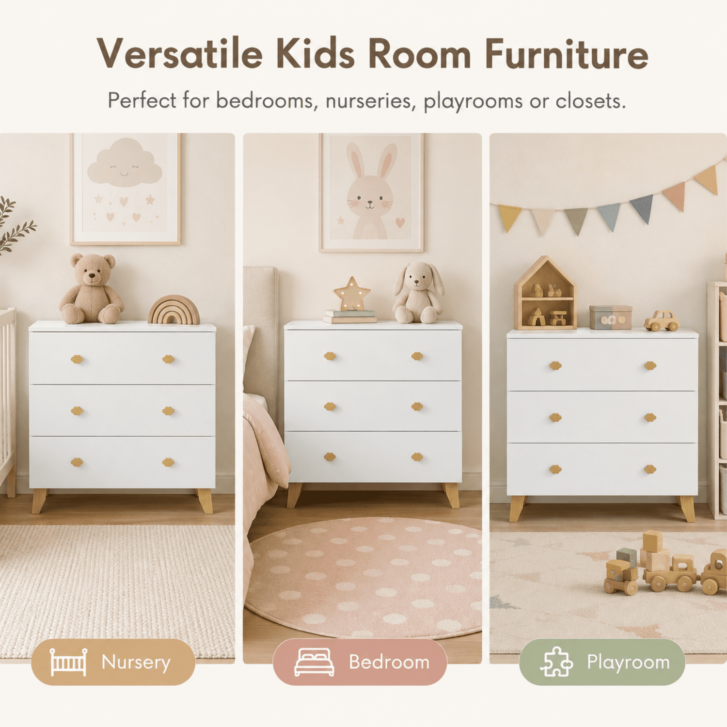 Miniyam 3-Drawer Dresser, Storage Chest with Cloud-Shaped Pine Handles for Bedroom, Nursery and Kids Room, Soft White