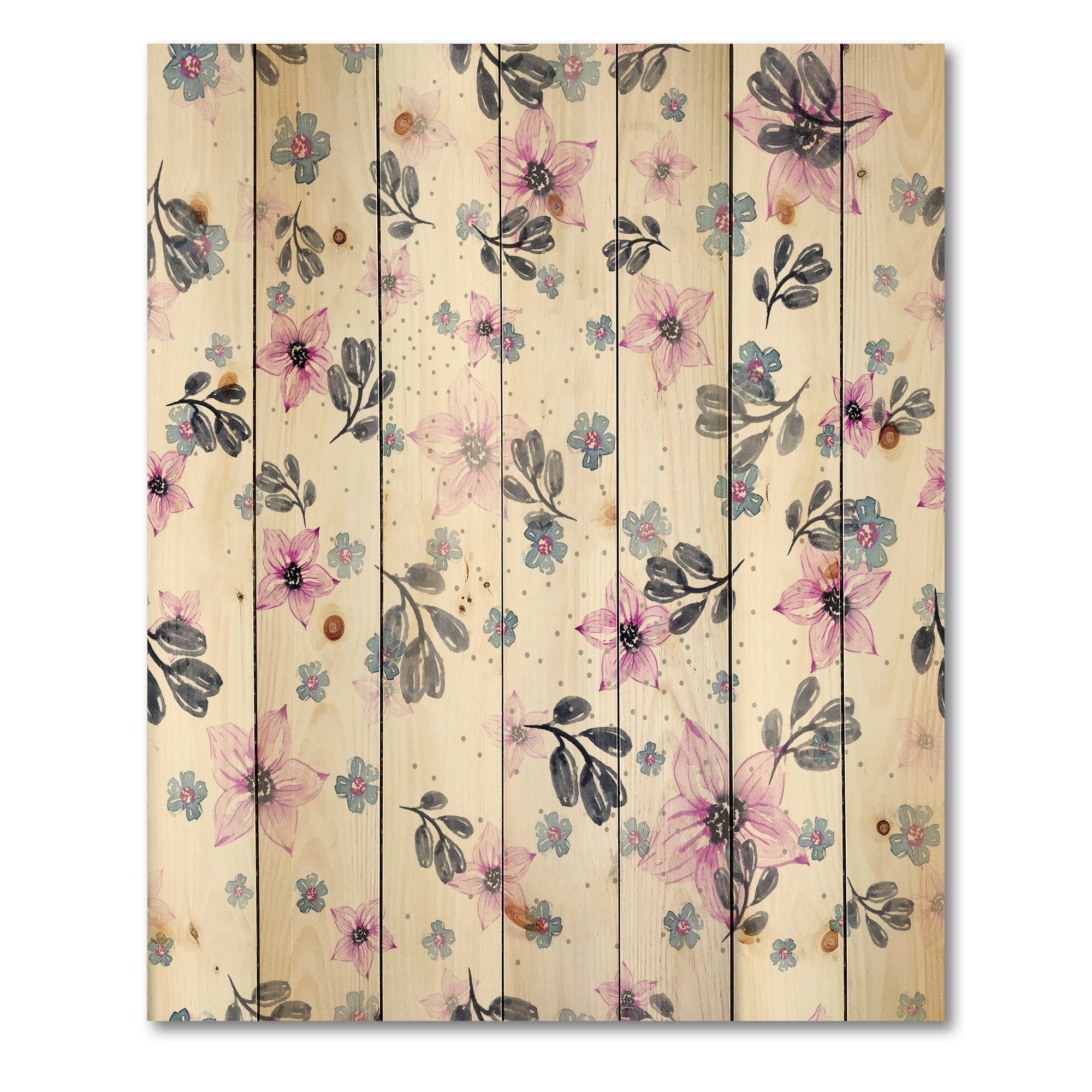 Designart 'Petals and Pink Flowers' Traditional Print on Natural Pine Wood