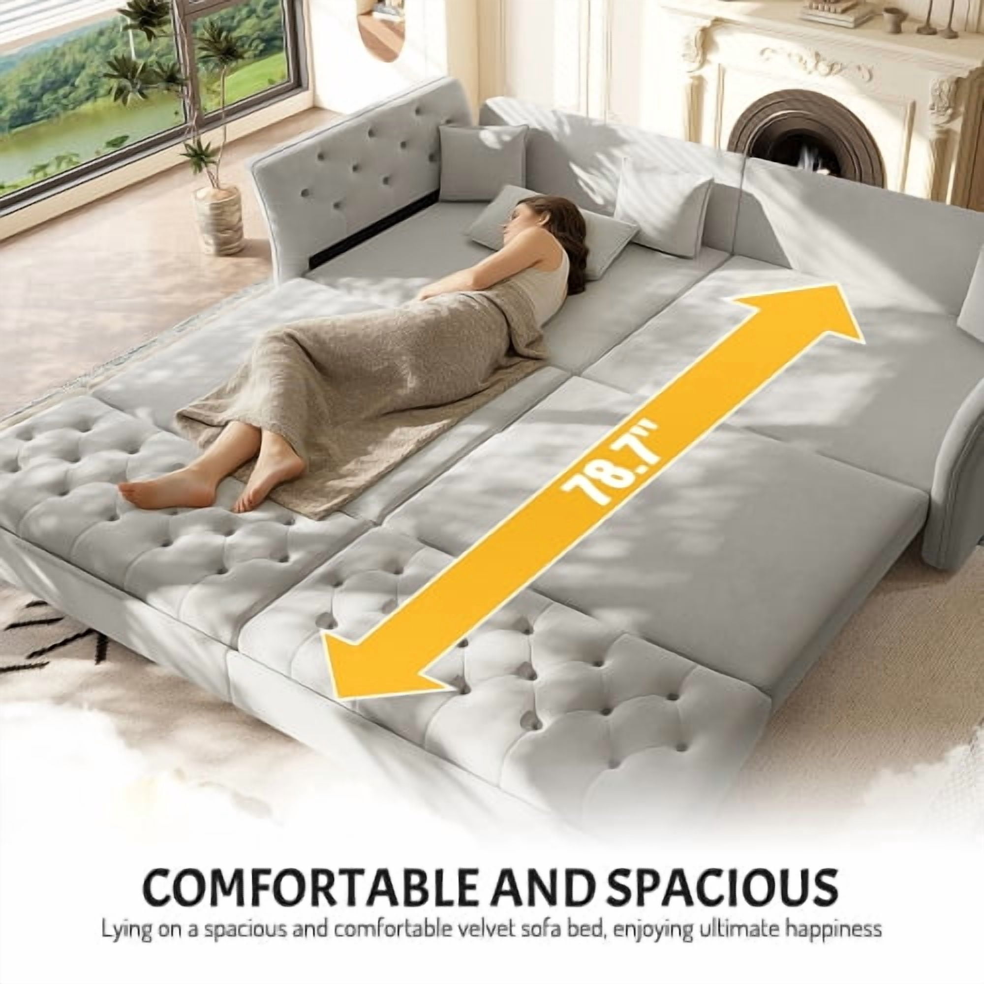 74.4" Queen Pull Out Sofa Bed, Convertible Sleeper Sofa with Handmade Fabric Flower Tufted Design, Multi-Functional Velvet Loveseat Bed for Living Room, Bedroom, Light Grey