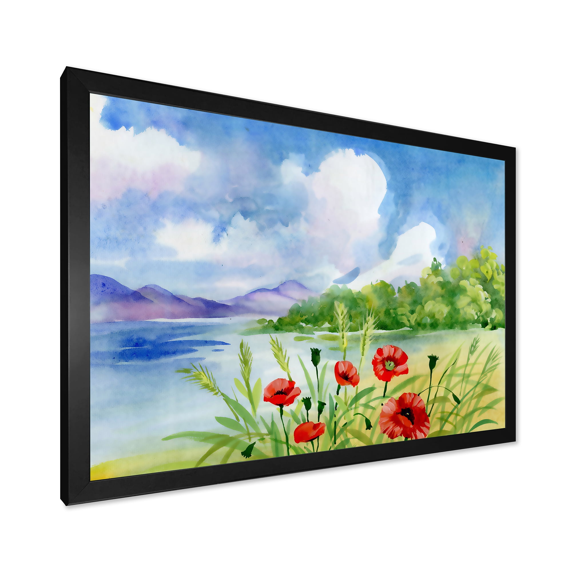 Designart 'Red Tulips On The Bank Near A River Mountain' Lake House Framed Art Print