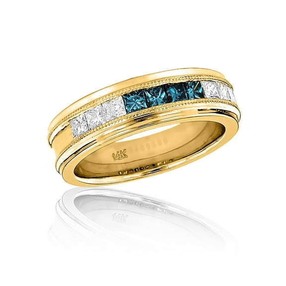 Mens 14k White Blue Princess Natural 1.1 Ctw Diamond Wedding Band (Yellow Gold Size 7)