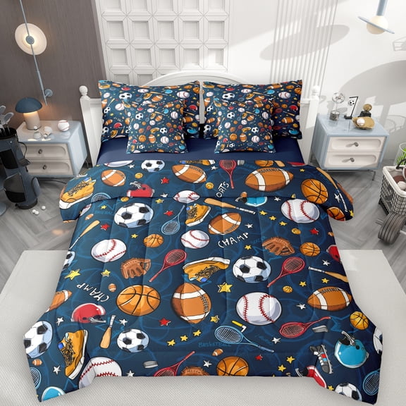 Manfei Cartoon Rugby Soccer 7-Piece Twin Bedding Sets, Basketball Player Bedding Comforter Set, Cartoon Football Soccer Reversible Sheet Sets, Lightweight Room Decor
