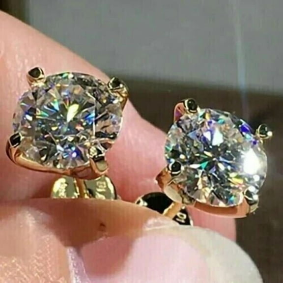 14K Yellow Gold Plated 4 Prong White Round Cut Diamond Solitaire Stud Earrings