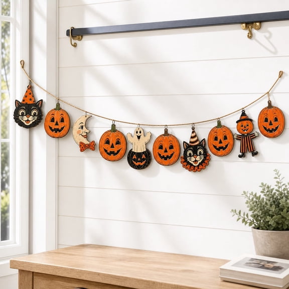 Garland Vintage Halloween Black Cat Pumpkin Ghost Wooden Mantel Decor for Fall Holiday Parties