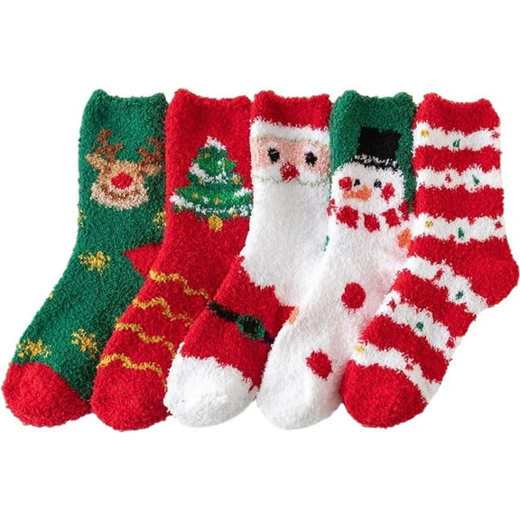 Christmas Fuzzy Socks Women, 5 Pairs Warm Fluffy Christmas Socks Adults Christmas Gifts Winter Thermal Christmas Holiday Socks Warm Cozy Coral Fleece Xmas Socks