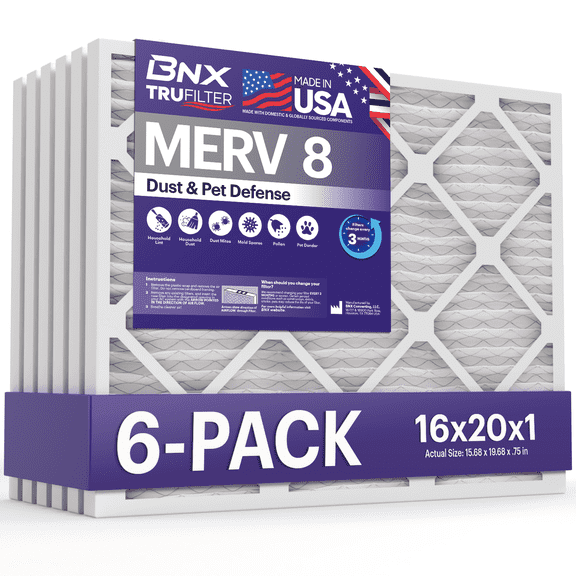 BNX TruFilter 16x20x1 Air Filter MERV 8 (6-Pack) - MADE IN USA – Dust & Pet Defense Electrostatic Pleated Air Conditioner HVAC AC Furnace Filters for Dust, Pet, Mold, Pollen MPR 600 – 700 & FPR 5