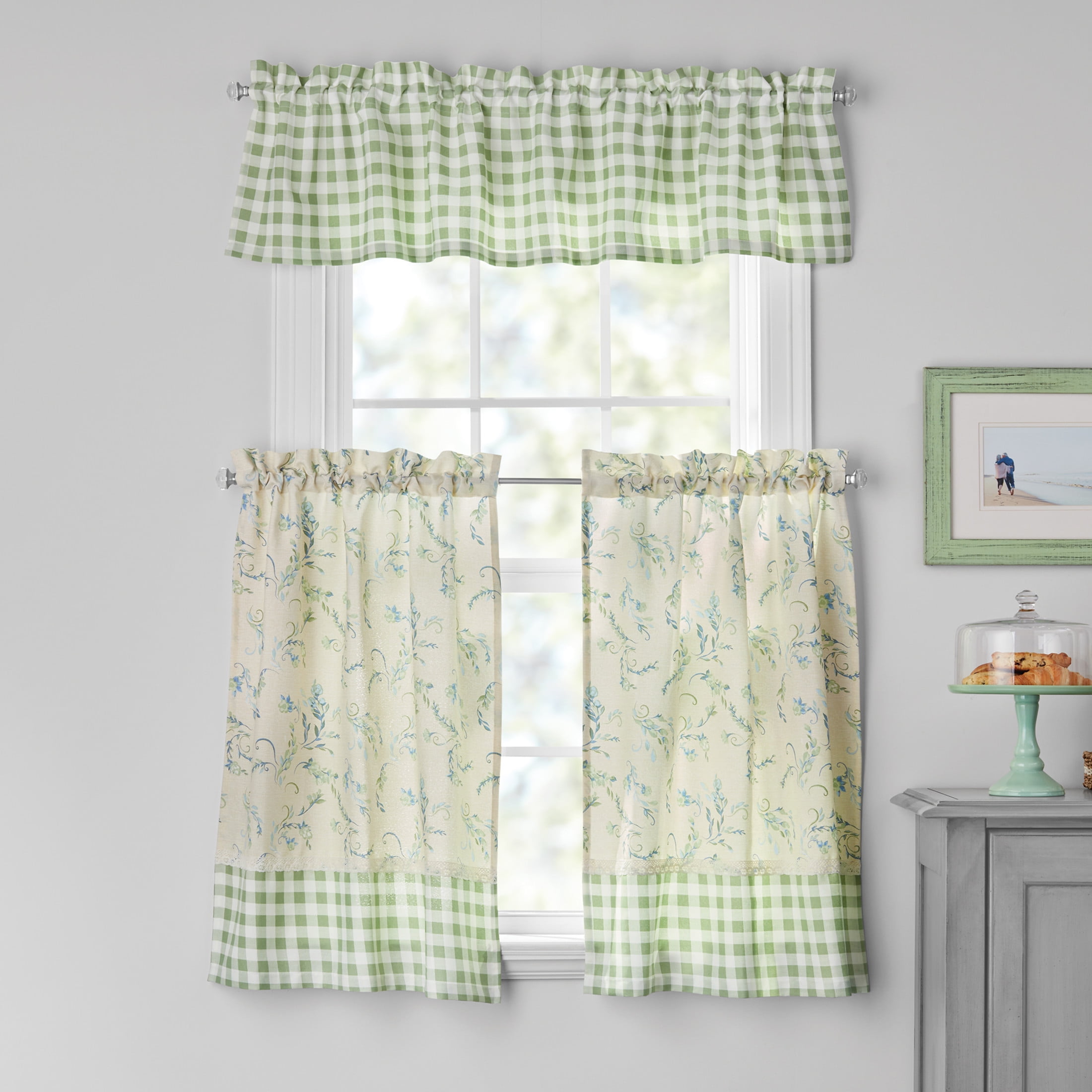 The Pioneer Woman Sweet Sprigs Curtain Tier Pair and Valance Set, 3-Piece, 60" W x 36" L, Green