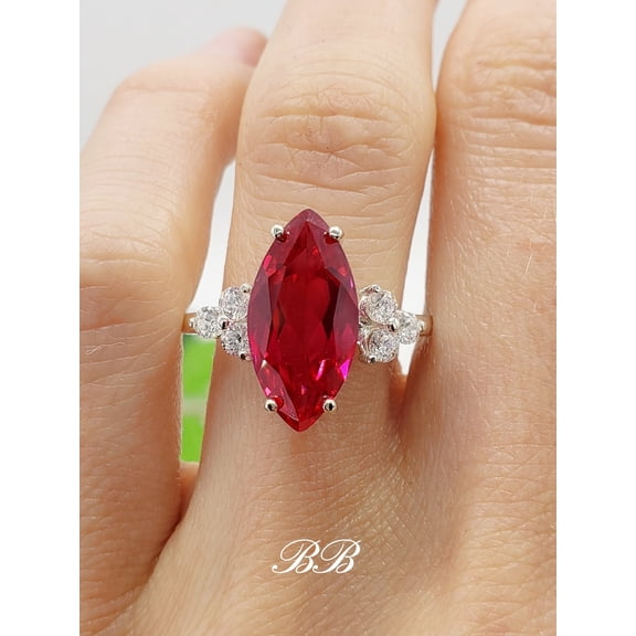 12x6mm - 20x10mm Marquise Cut, Lab-Created Red Ruby Statement Ring, 925 Non-Plated Sterling Silver