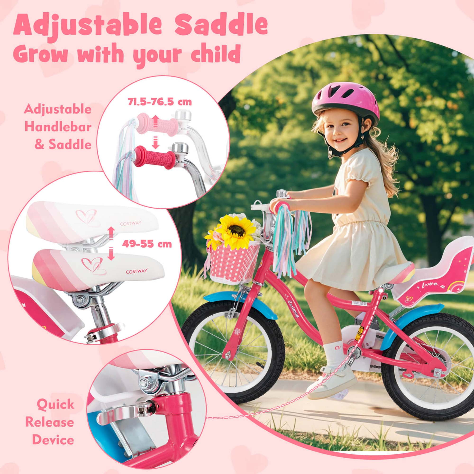 Costway 14 Inch Kids Bike with Basket Doll Seat & Colorful Streamers 2 Training Wheels Pink