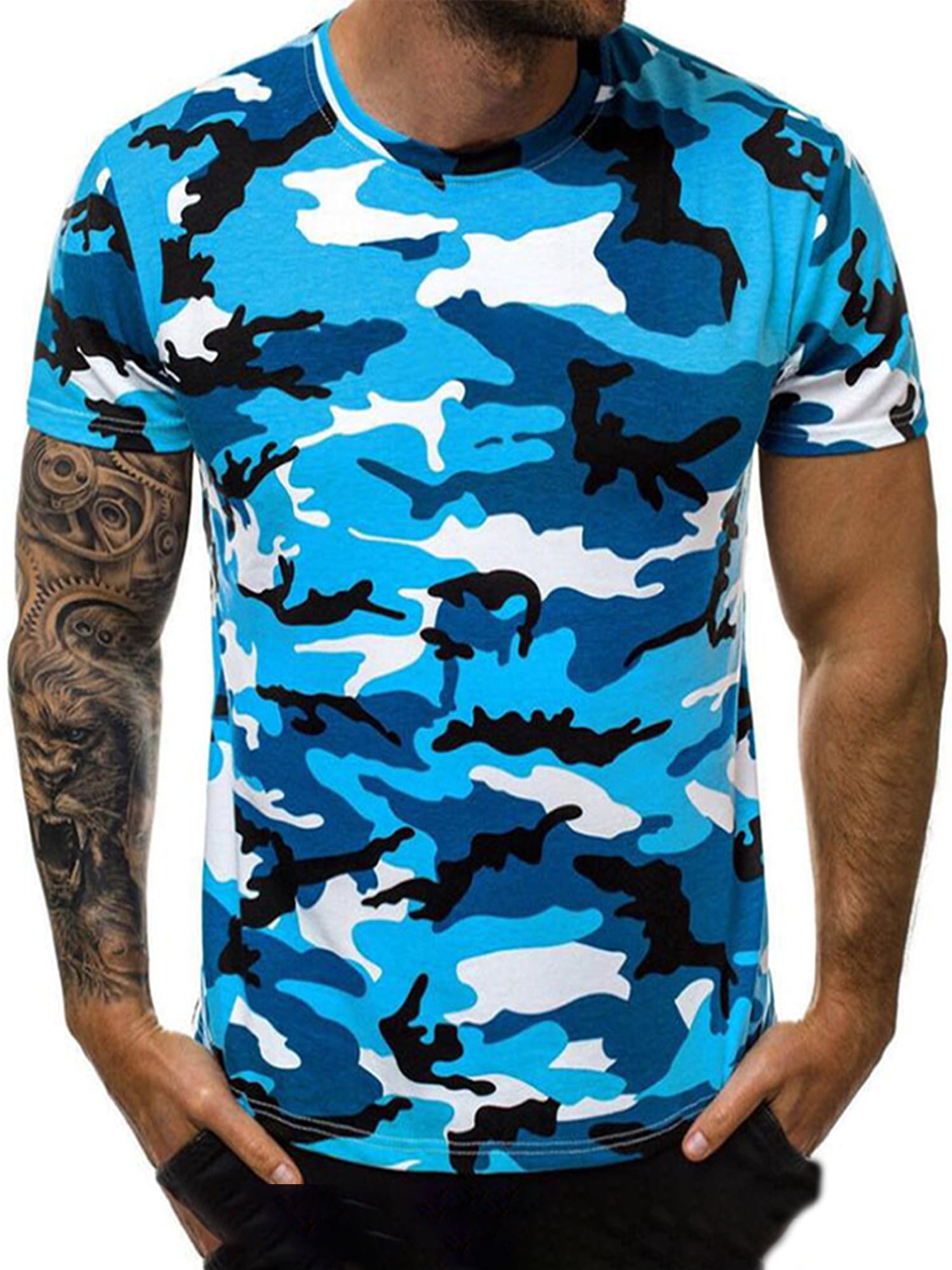 HIMONE Chemise Imprimée Camouflage pour Hommes Manches Courtes Été Basique Col Rond Ajusté Décontracté Taille p-5TG