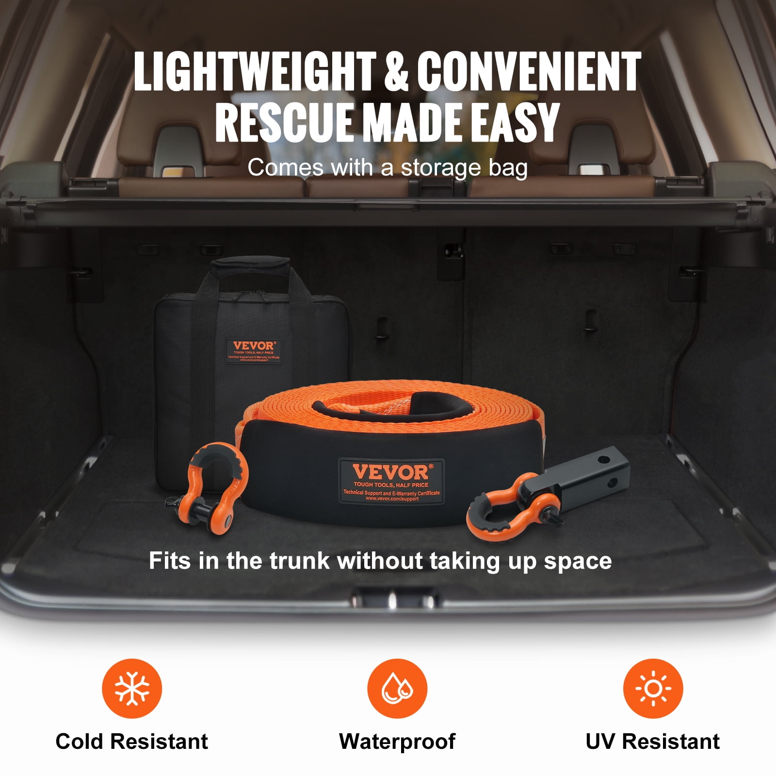 VEVOR Polyester Heavy Duty Tow Strap Recovery Kit 3" x 30 ft (MBS-36,000 lbs) Winch Strap,Triple Reinforced Loop,Snatch Strap + 2" Shackle Hitch Receiver + 3/4" D-Ring Shackles (2PCS) + Storage Bag