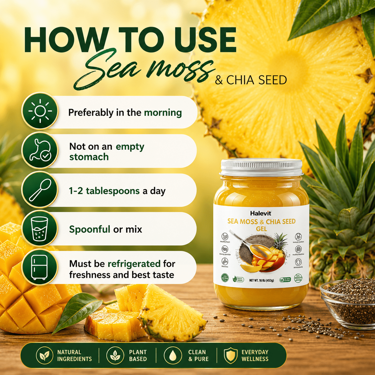 Halevit Wildcrafted Irish Sea Moss Gel, Chia Seed, Mango Pineapple, Raw Supplement Made in USA , 32 Oz, 2-Pack