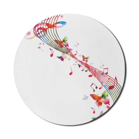 Music Mouse Pad for Computers, Colorful Artwork with Musical Notes and Butterflies Springtime Inspired Party Theme, Round Non-Slip Thick Rubber Modern Mousepad, 8" Round, Multicolor, by Ambesonne