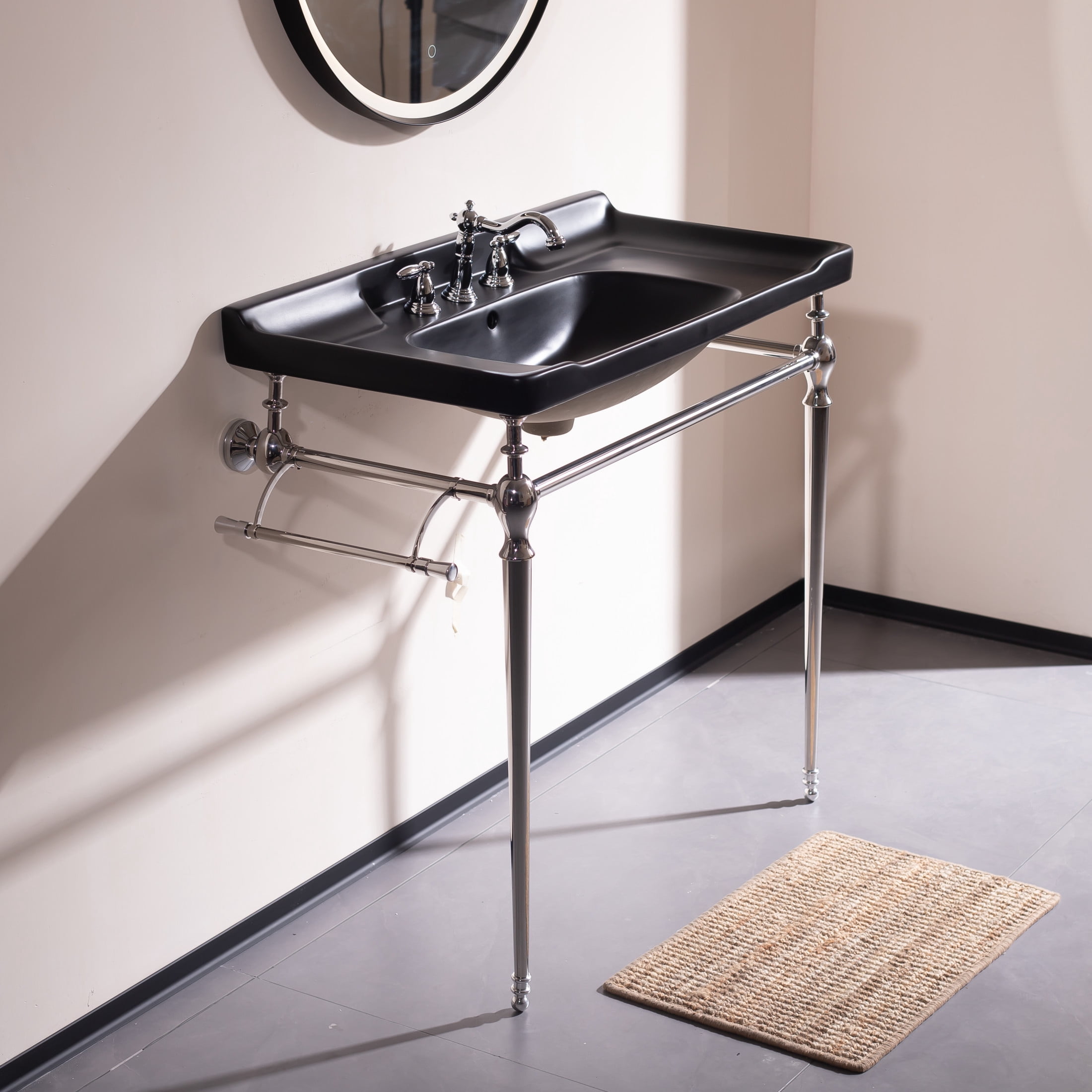 Noble House VICI 36" Bathroom Console Sink, Wall-Mounted Ceramic Basin Vanity with Stainless Steel Legs, Black & Chrome