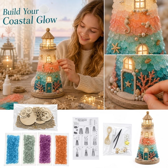 Diy Wooden Lighthouse Model Kit with Led Light, Sea Glass, and Coral Accessories, 1 Set, Wood and Multicolor, for Nautical Table Decorations, Craft Decoration