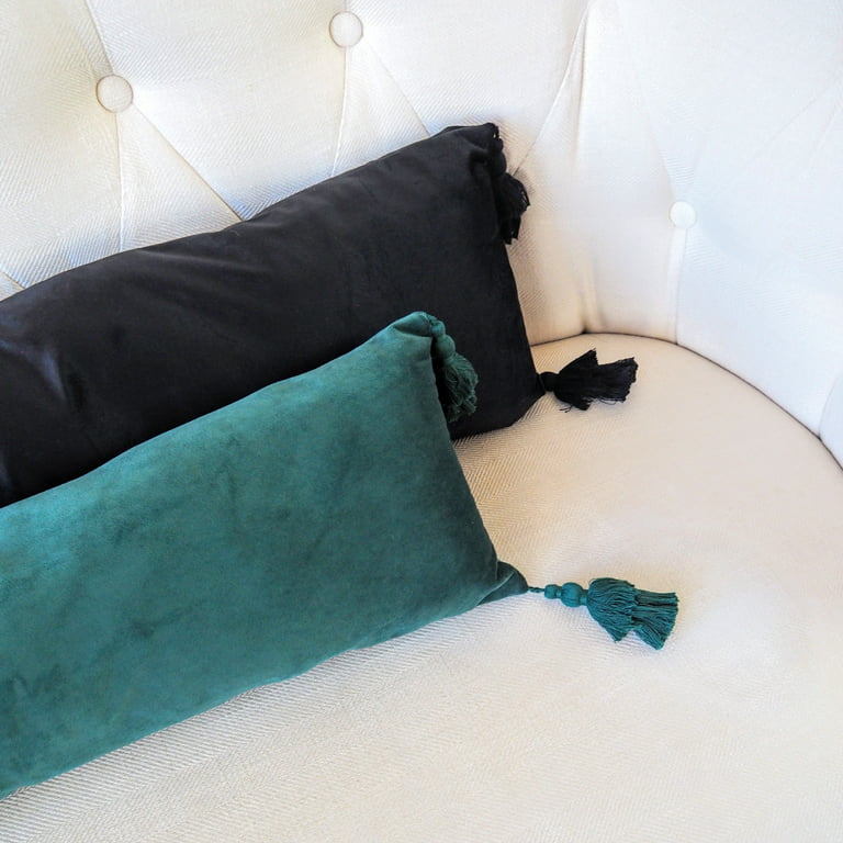 Green Velvet Extra Skinny Extra Long Lumbar Pillow with Tassels 