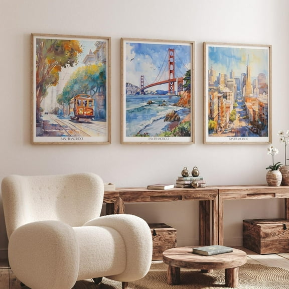 Luvia San Francisco Art Posters - Cable Car, Golden Gate Bridge & Cityscape - Set Of 3 Travel Prints For Home Or Office Decor, Modern Wall Decor Set 3 Prints 8x12 UNFRAMED
