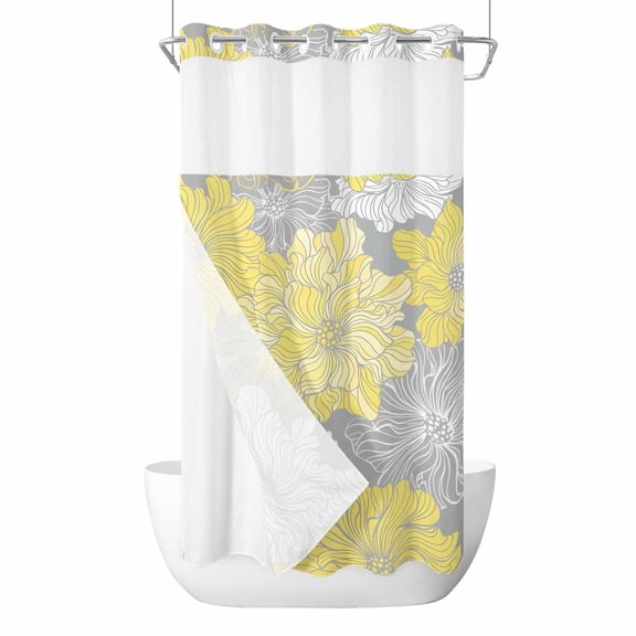 No Hook Yellow White Floral Shower Curtain with Snap in Liner Set, Farmhouse Flowers Spring Grey Waterproof Fabric Bathroom Curtains with See Through Top Window, Hotel Style Small 36 x 78 Inch