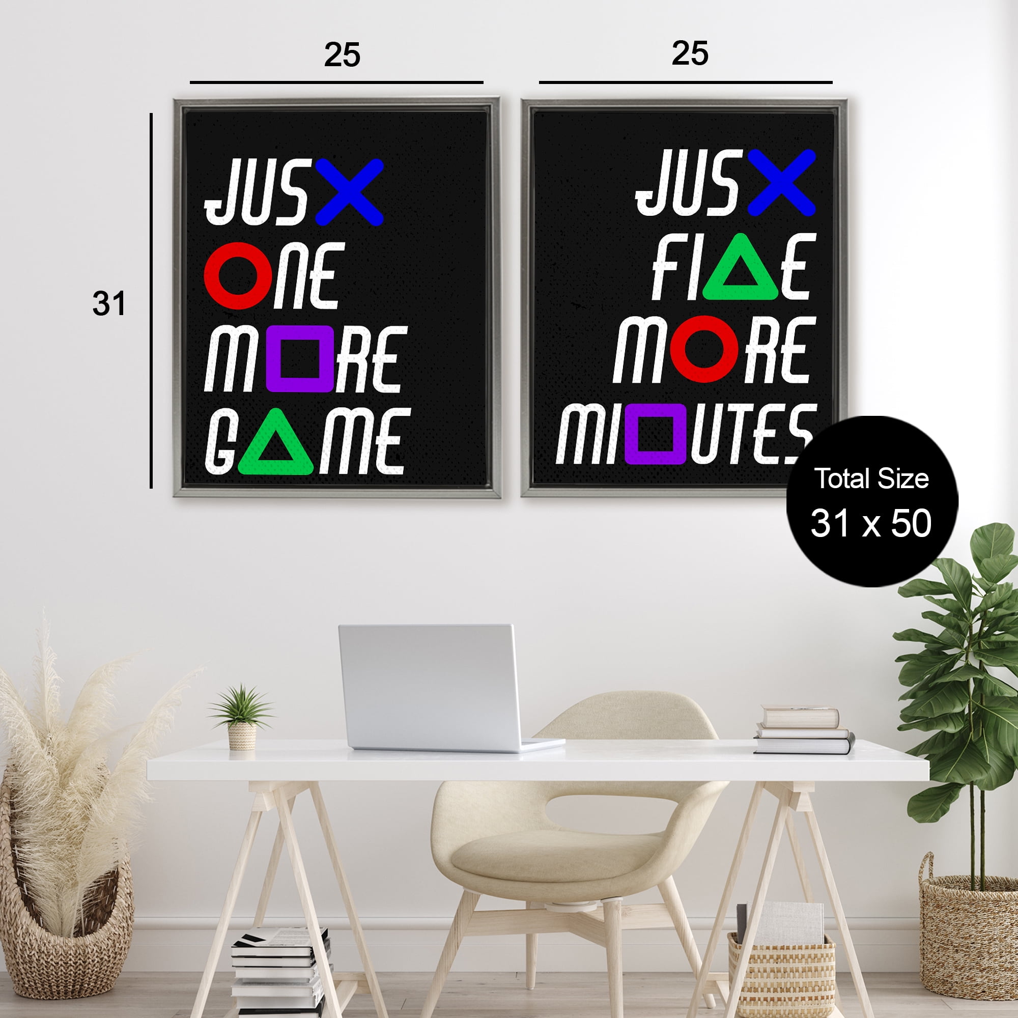 Gamer Button Symbols Phrases 2 Piece Gray Framed Floater Canvas Set, design by Kim Allen