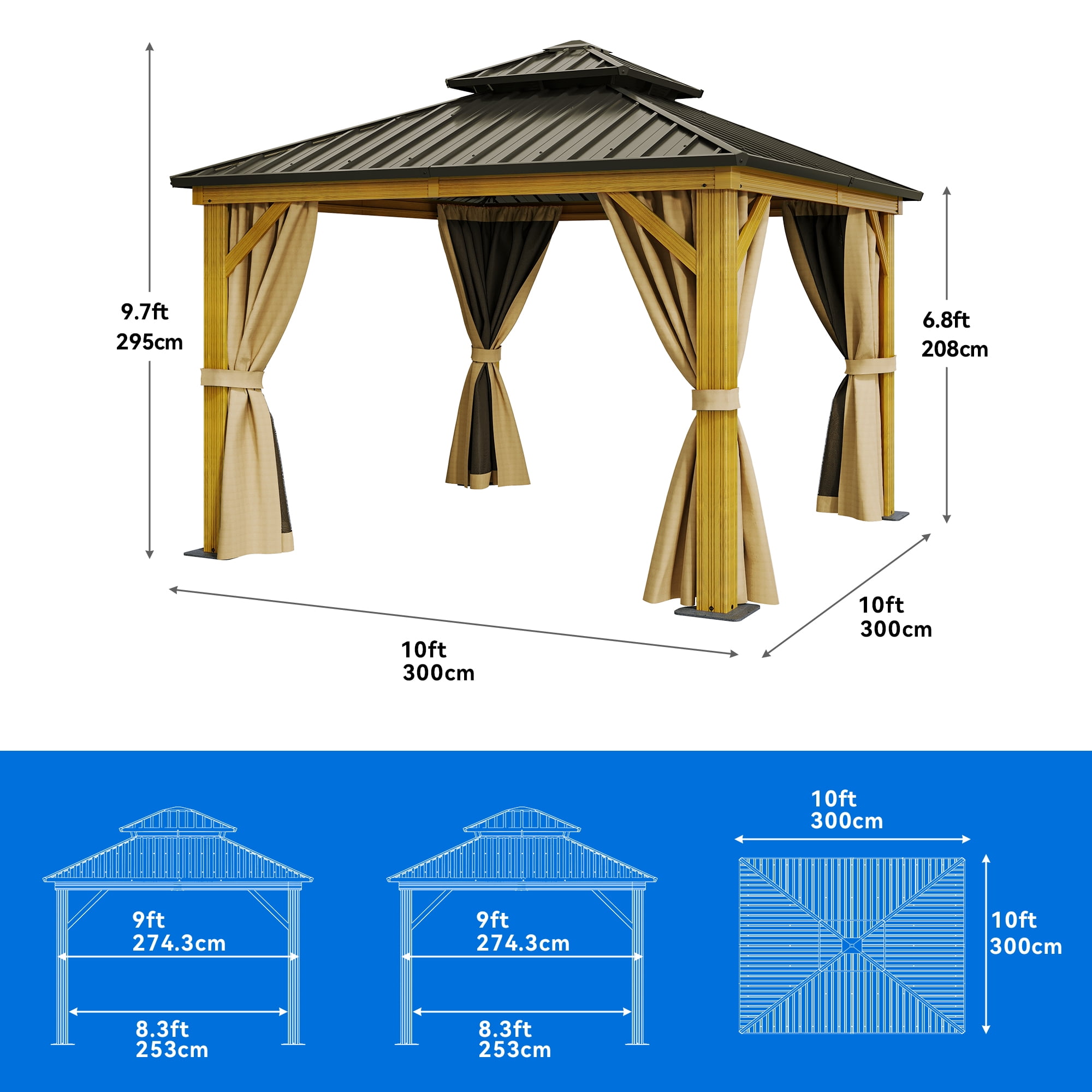 Dextrus 10' x 10' Double Roof Hardtop Gazebo, Wood Grain Galvanized Steel with Netting & Curtains