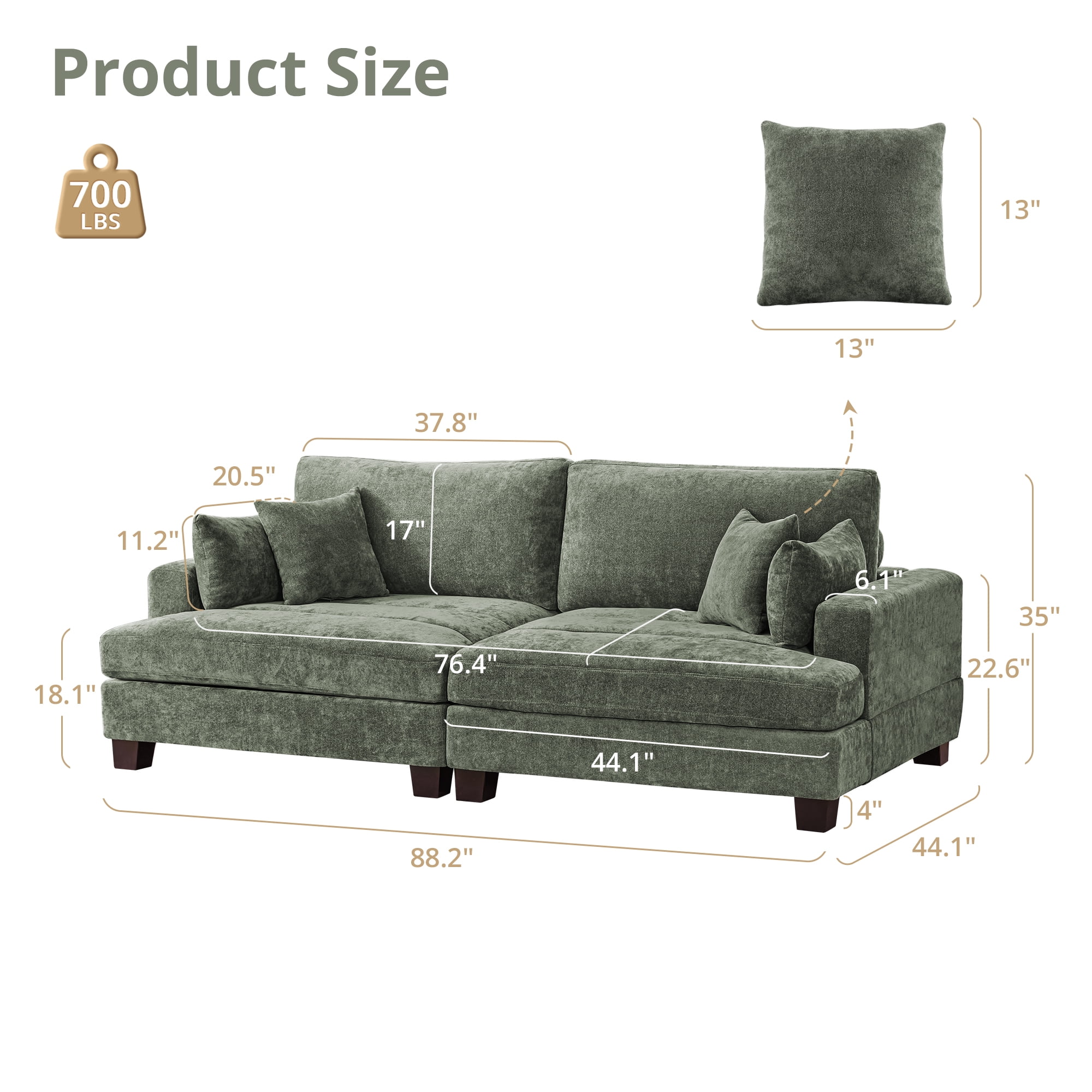Dycanpo 3 Seater Chenille Sectional Sofa with Pillow, 88" Modern Green Couch Loveseat Sofa for Living Room, Green